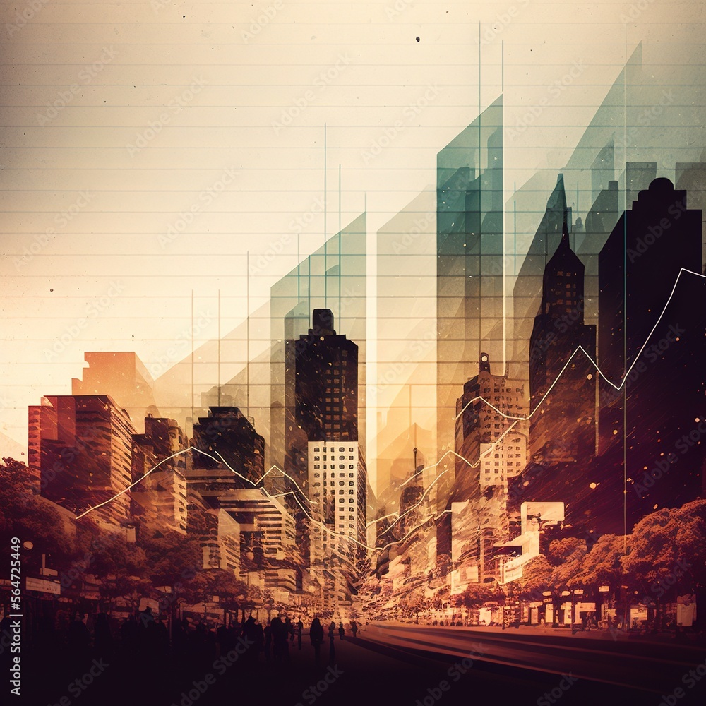 Poster a city skyline with a line graph going up the side of it and people walking on the sidewalk below it