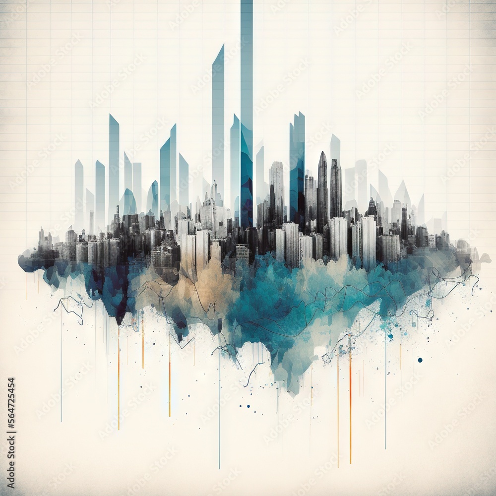 Poster a city skyline with a lot of buildings and blue smoke coming out of it and a white background with a