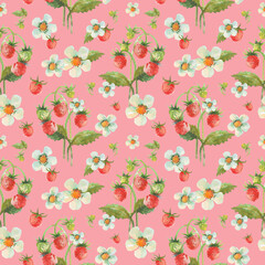 Seamless pattern with watercolor strawberry. Floral illustration of berries and flowers. Herbal background.
Good for wrapping paper, textile, prints and other.