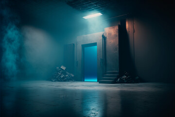 Dark stage location, dark blue background, empty dark room, neon light and spotlights. A concrete floor and a smoke-filled studio room create an interior texture for product display.
