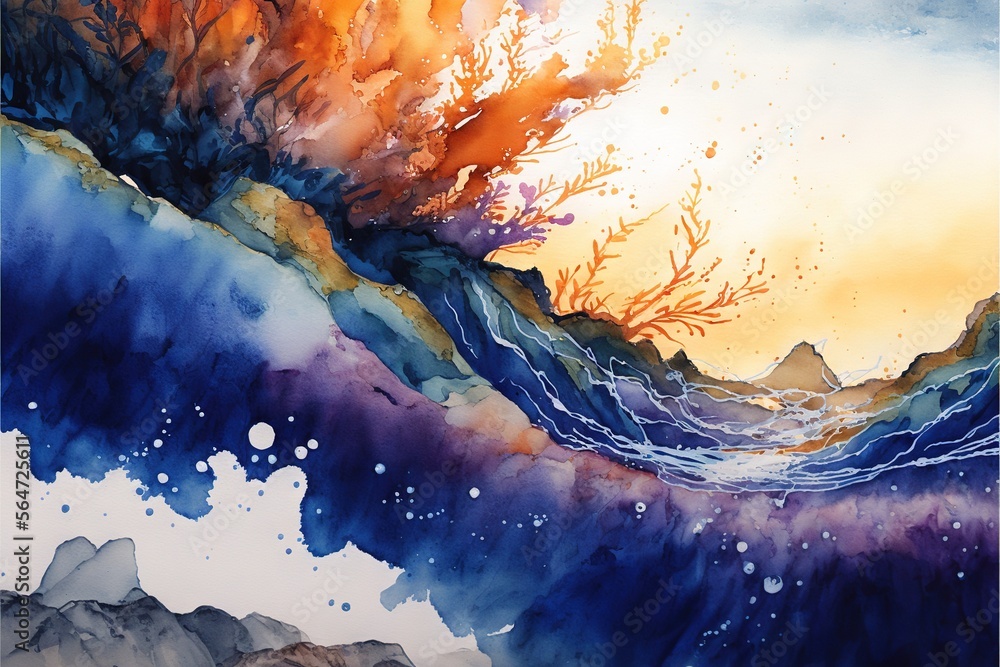 Aufkleber a painting of a wave with a sky background and water splashing on it's side and a tree in the middle