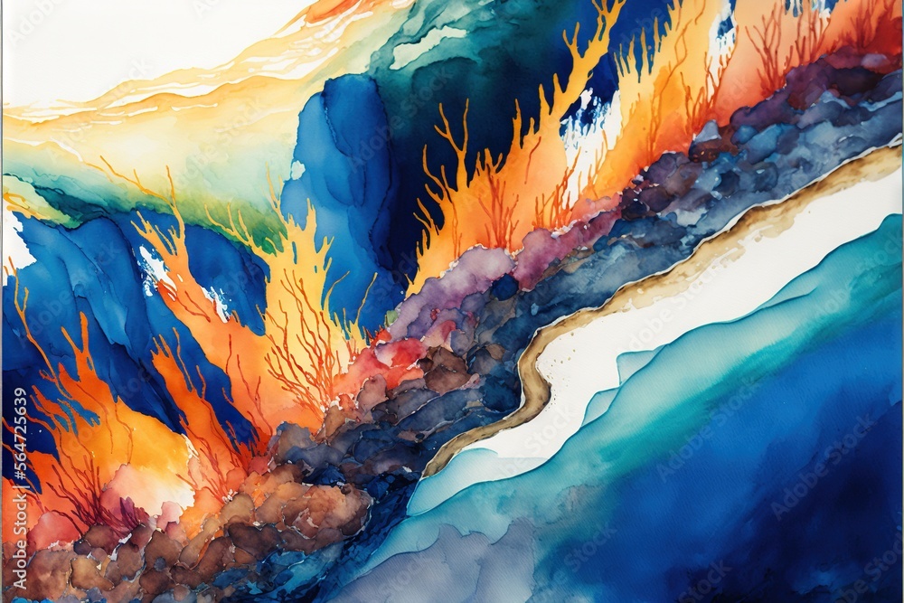 Poster a painting of a colorful ocean with a wave coming up the side of it and a tree on the other side of 