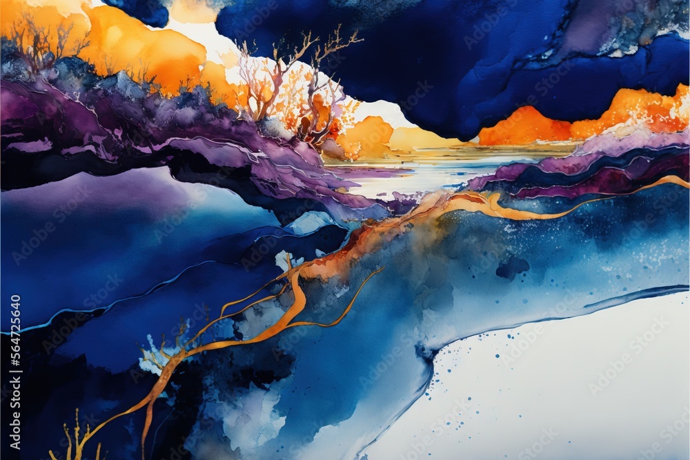 Poster a painting of a blue and orange sky with clouds and water and a tree in the foreground with a yellow