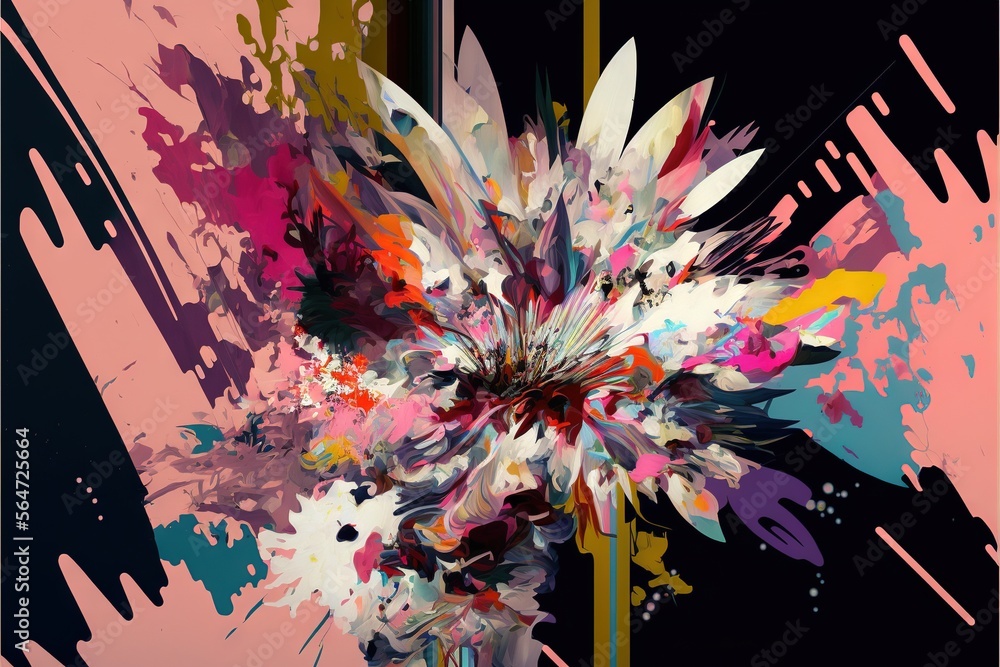 Poster a painting of a flower with a black background and a yellow stripe around it and a pink and black ba