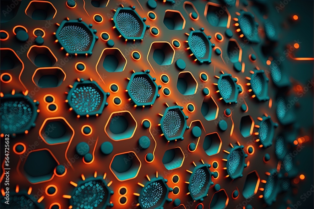 Poster a close up of a metal structure with holes and circles on it's surface and a blue background with or
