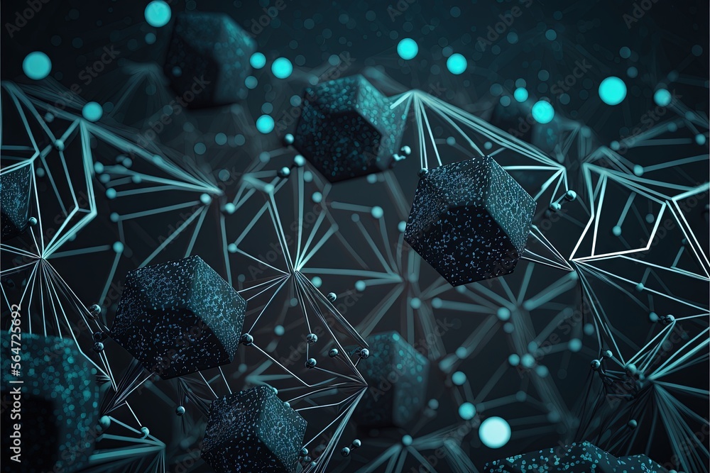 Poster a group of cubes with a lot of dots on them in the middle of a dark background with blue dots on the