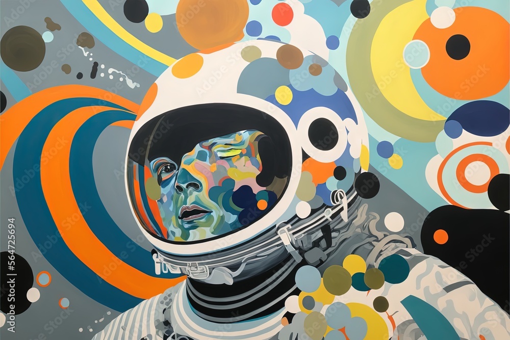 Poster a painting of a man in a space suit with circles around him and a spiral background of circles aroun