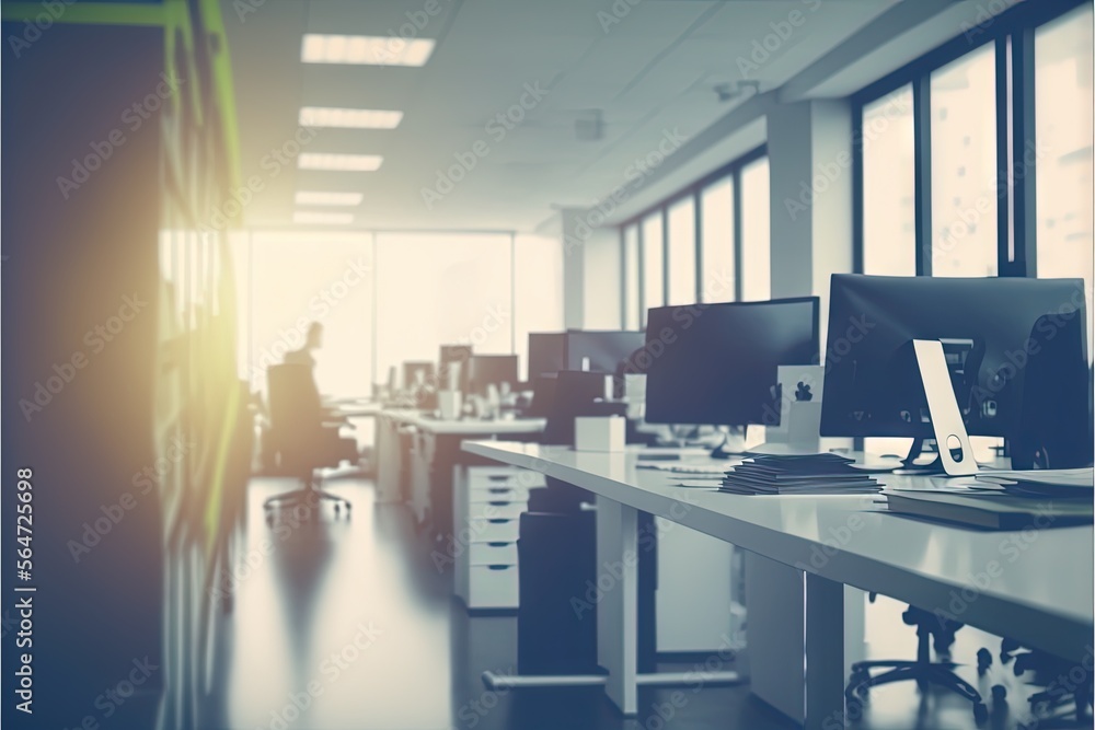 Poster a long desk with a computer on it in a room with windows and a lot of desks and chairs in it with a 