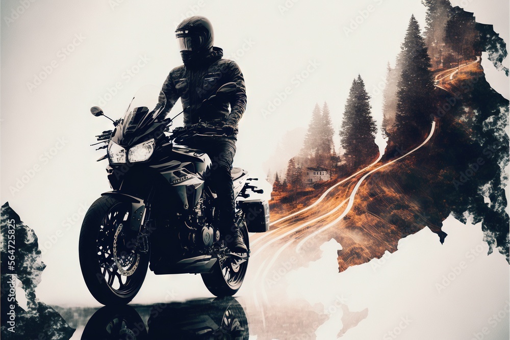 Poster a man riding a motorcycle on a wet road next to a forest and a mountain range with a trail of trees 
