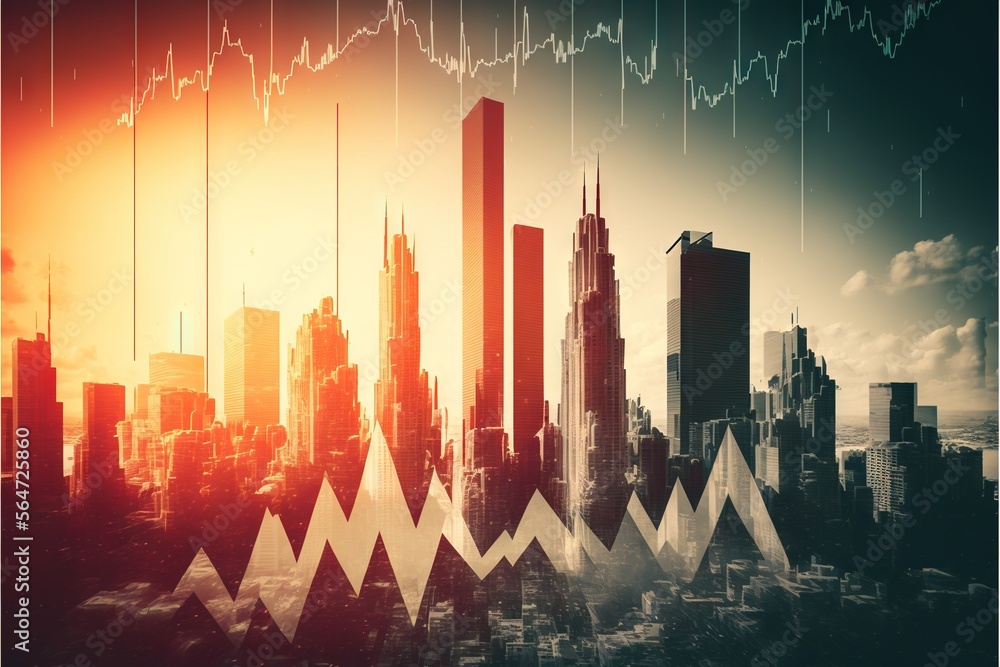 Poster a city skyline with a rising arrow in the foreground and a rising arrow in the background with a red