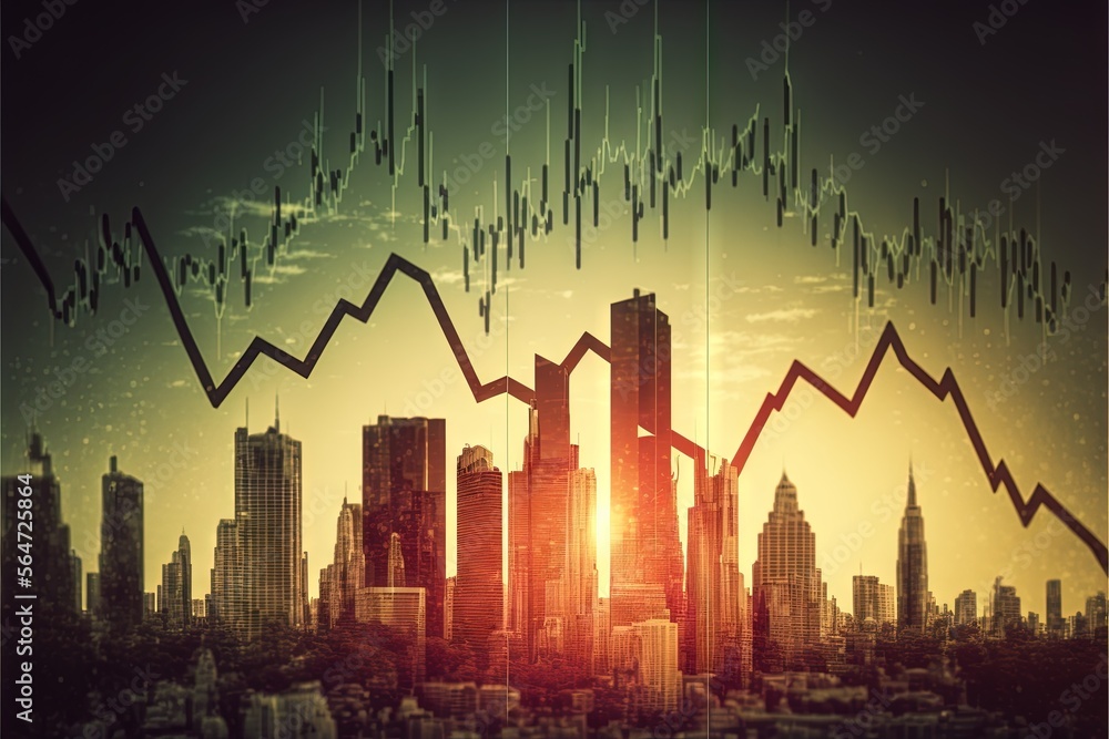 Poster a city skyline with a rising arrow and a rising line of graph on it with a rising arrow in the foreg