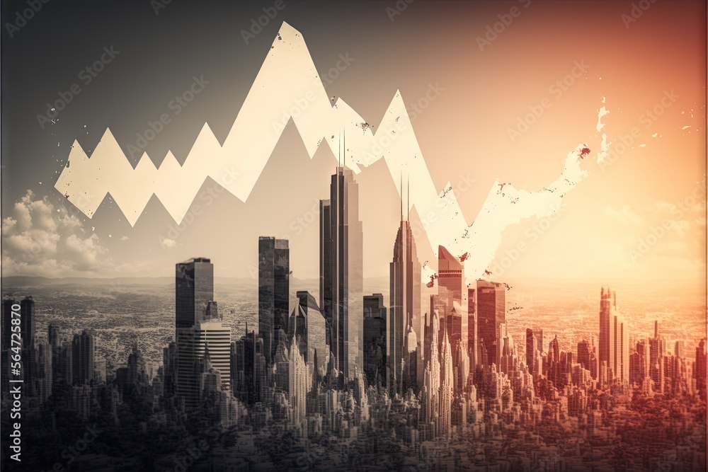 Poster a city skyline with a rising arrow over it and a sunset in the background with clouds and sun rays c