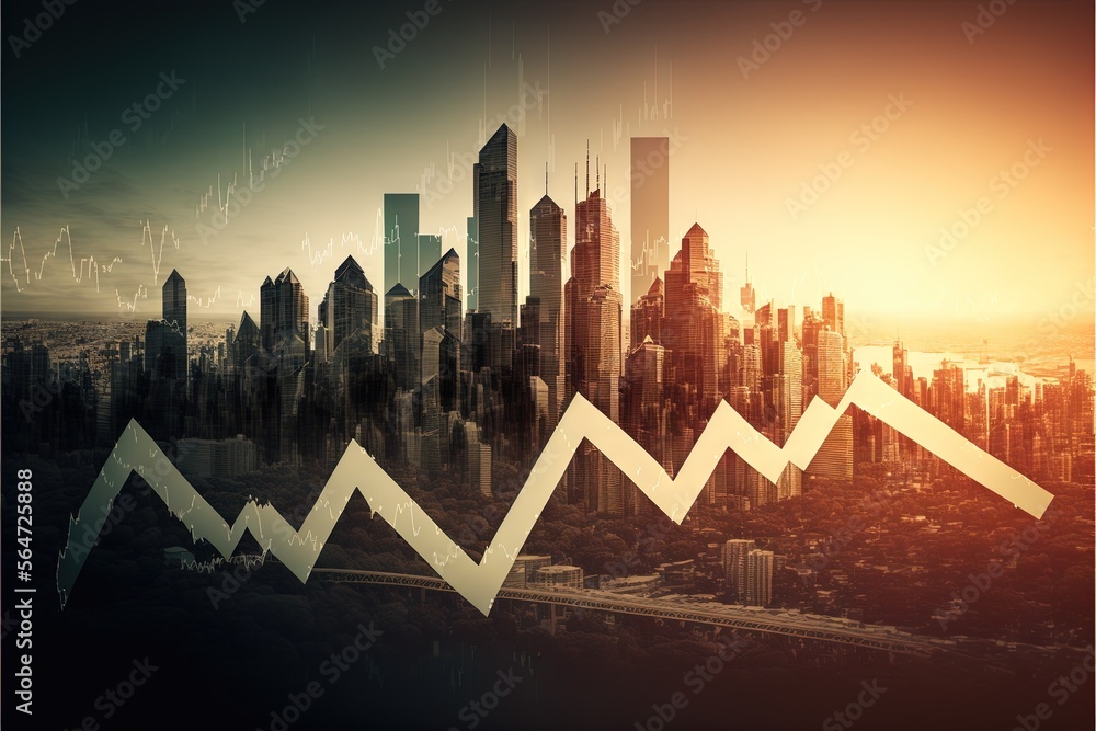 Poster a city skyline with a rising arrow in the foreground and a rising arrow in the background with a sun