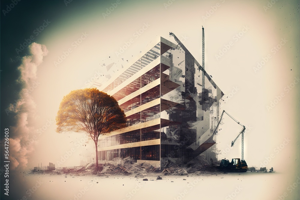 Aufkleber a building with a tree in front of it and smoke coming out of the building behind it and a truck par
