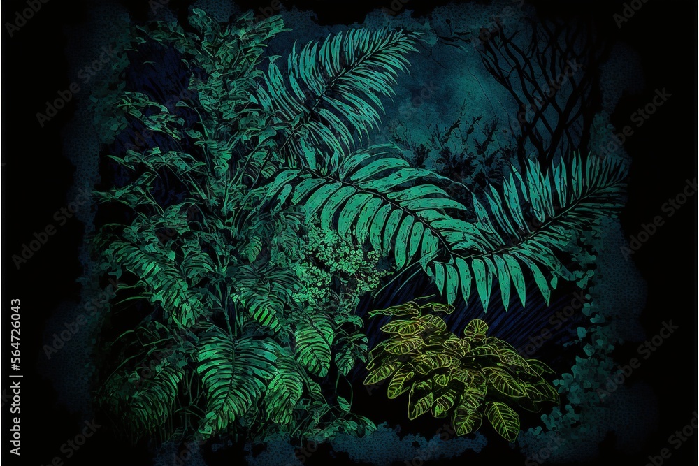 Poster a painting of a fern and other plants in a dark forest area with a full moon in the background and a