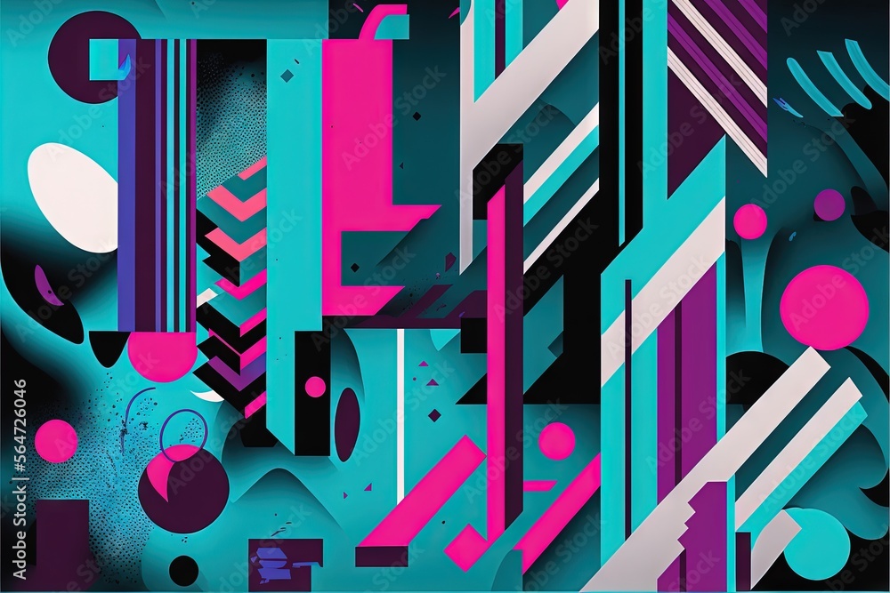 Poster a very colorful abstract painting with a lot of lines and shapes on it's surface, with a blue backgr