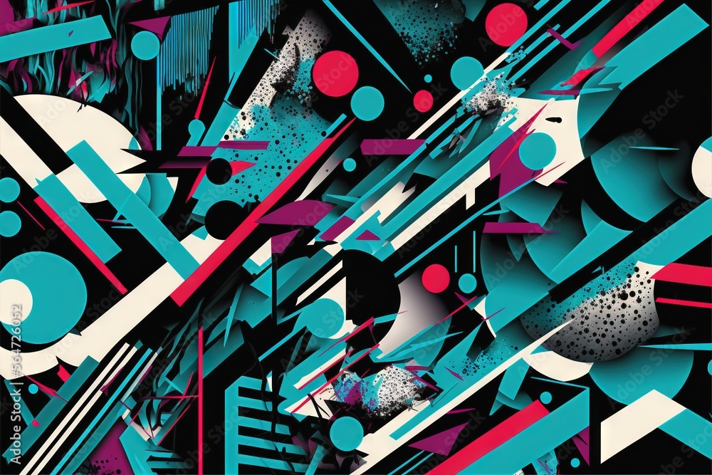 Poster a very colorful abstract design with a lot of circles and shapes on it's surface, with a black backg