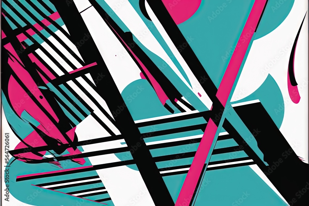 Poster a painting of a blue and pink abstract design with lines and shapes on it's sides and a pink and bla