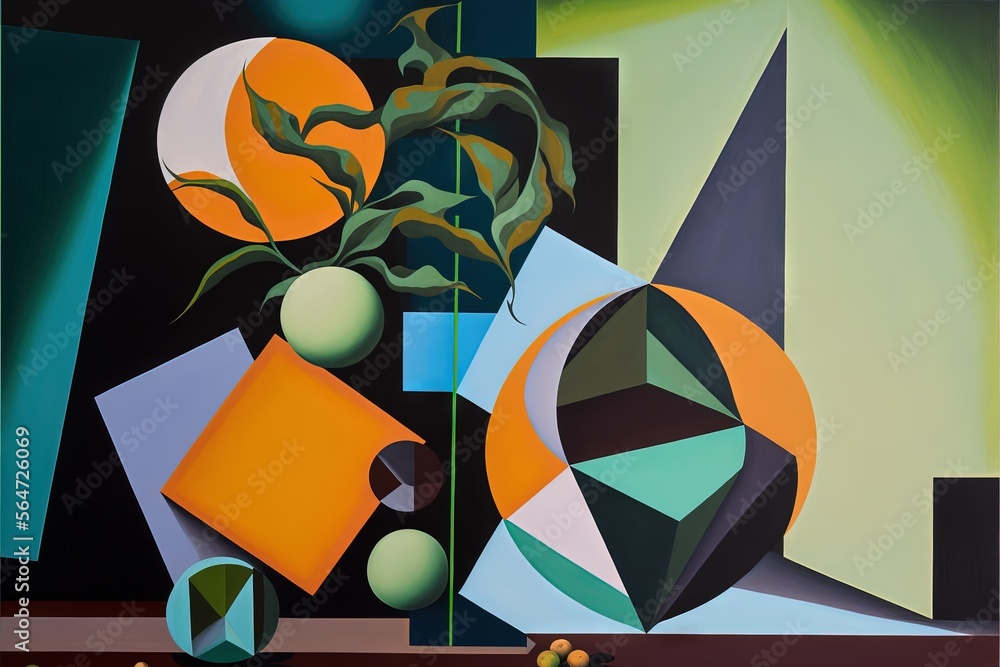 Poster a painting of a vase with a plant in it and a ball on the table next to it and a vase with a plant i