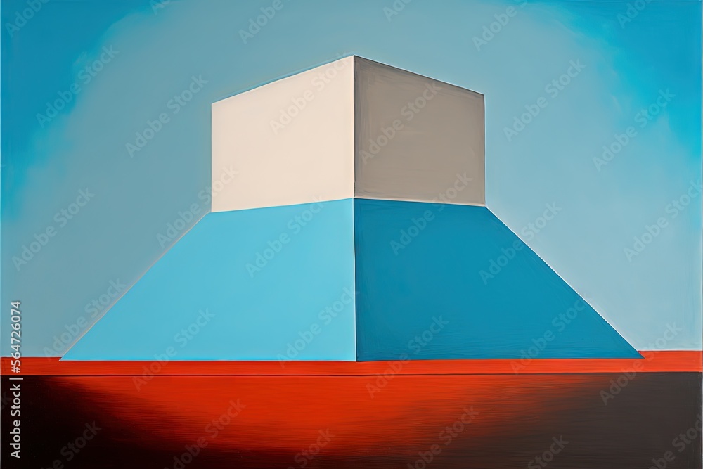 Poster a painting of a blue and white building with a red roof and a blue sky behind it and a red bottom pa