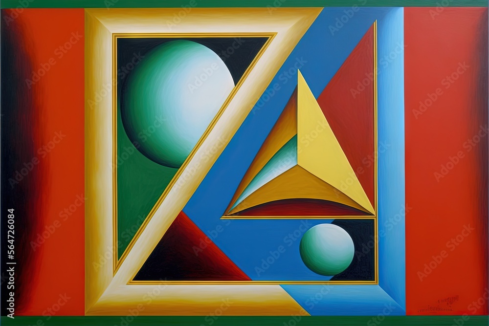 Aufkleber a painting of a colorful abstract design with a triangle and a ball in the center of the painting, w