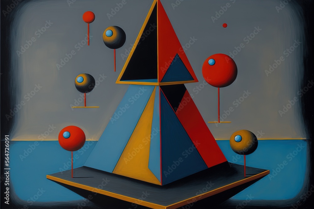 Poster a painting of a pyramid with balls and a ball on the ground in front of it and a blue sky behind it 