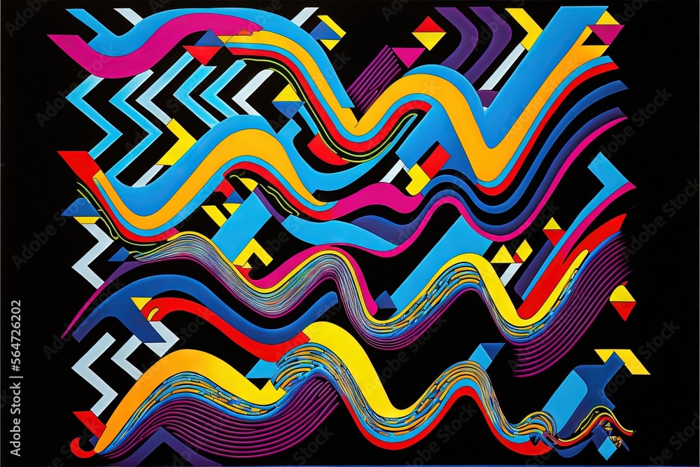 Poster a colorful abstract painting with lines and shapes on a black background with a blue border around i