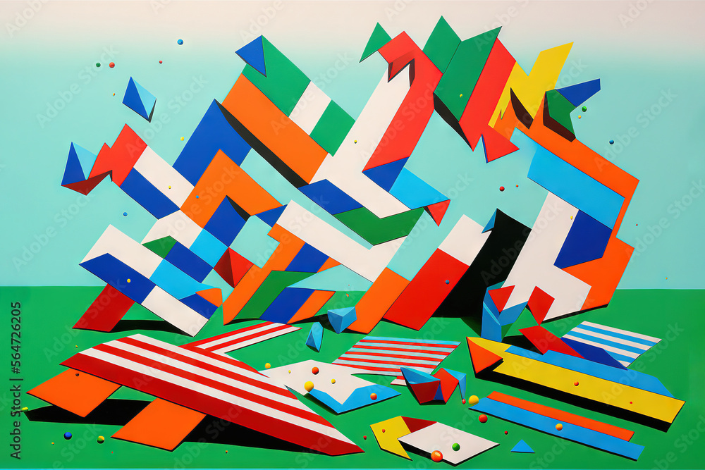 Poster a painting of a bunch of colorful objects on a green surface with a blue sky in the background and a
