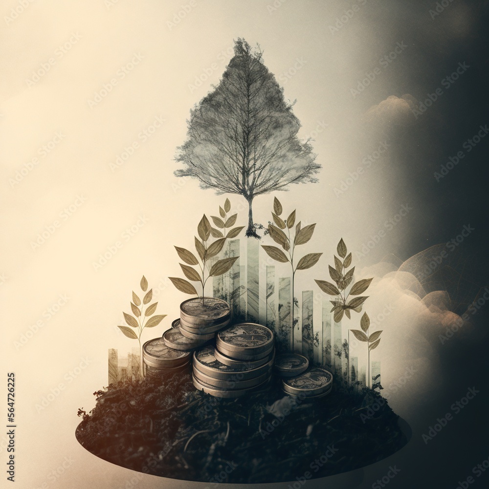 Poster a tree is growing out of a pile of coins with a background of trees and a fence in the sky with clou