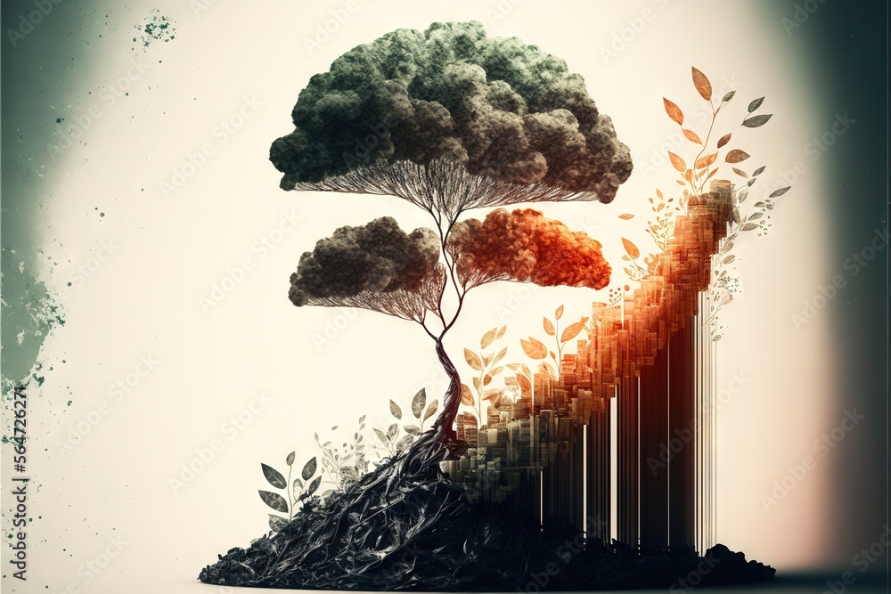 Poster a tree with a lot of leaves growing out of it's roots and a man standing on top of it with a red umb