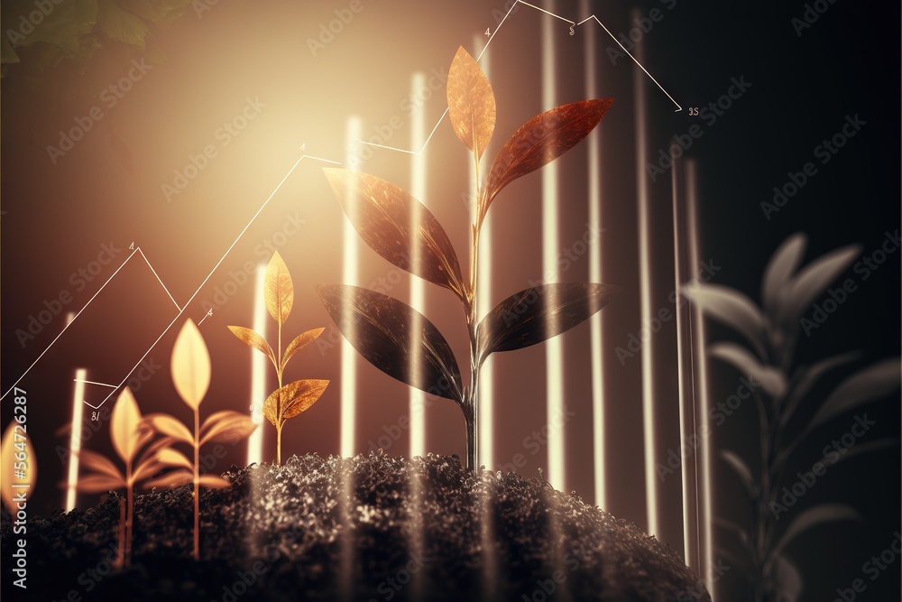 Aufkleber a plant growing out of a soil with a graph on it and a bar chart above it that shows growth of plant