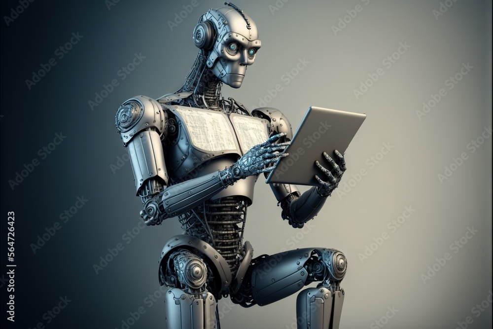 Poster a robot is holding a laptop and reading a book while sitting down on a chair with a tablet in his ha