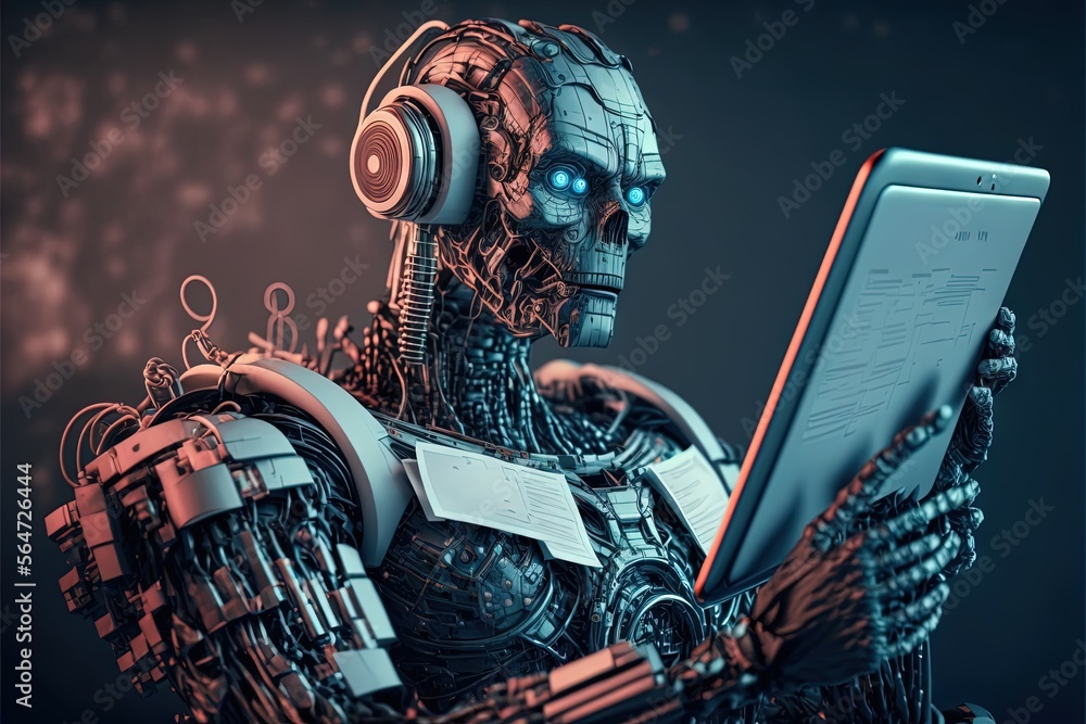Poster a robot with headphones and a tablet computer