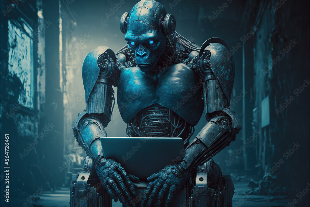 Poster a robot sitting on a chair using a laptop computer