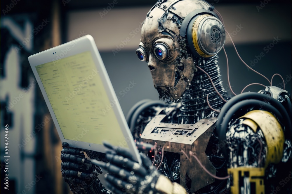 Poster a robot is holding a laptop computer and looking at it's screen with a surprised look on its face an