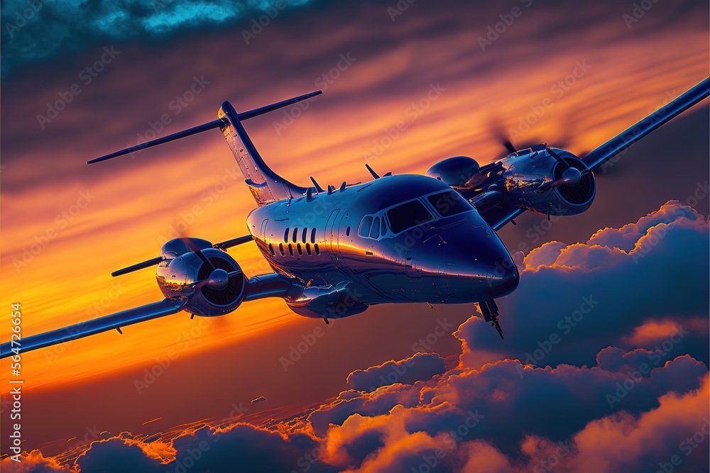 Aufkleber a plane flying in the sky with clouds below it at sunset or dawn with a colorful sky behind it and a
