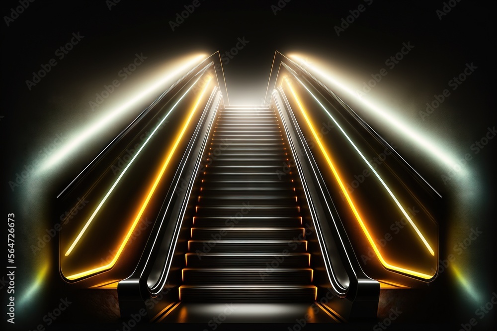Poster a set of stairs with neon lights going down them in a tunnel or tunnel of light in the dark room wit