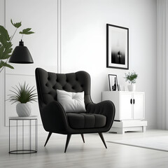 Cozy modern living room interior with Black armchair and decoration room on a white or white wall background
