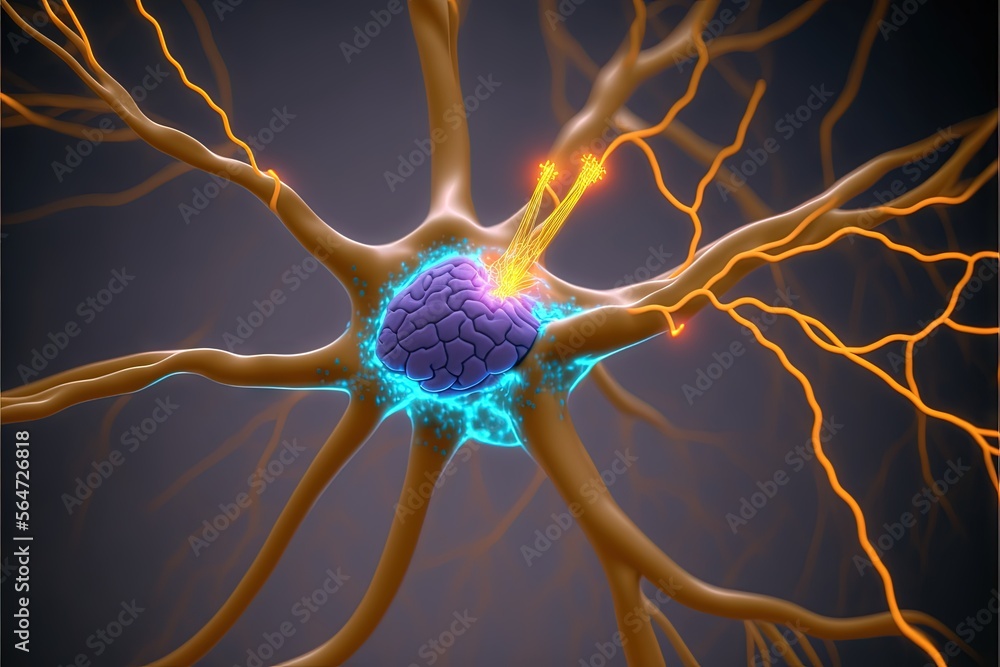 Poster a computer generated image of a brain with a blue ball in the center of the brain and yellow branche