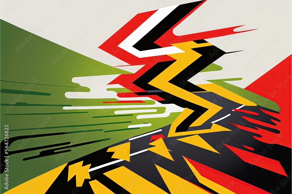 Aufkleber a poster of a colorful abstract design with lines and colors on it's side and a black, yellow, red, 