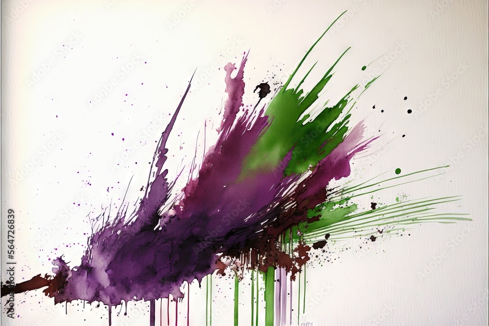 Poster a painting of a purple and green object with splatters of paint on it's side and a black object in t