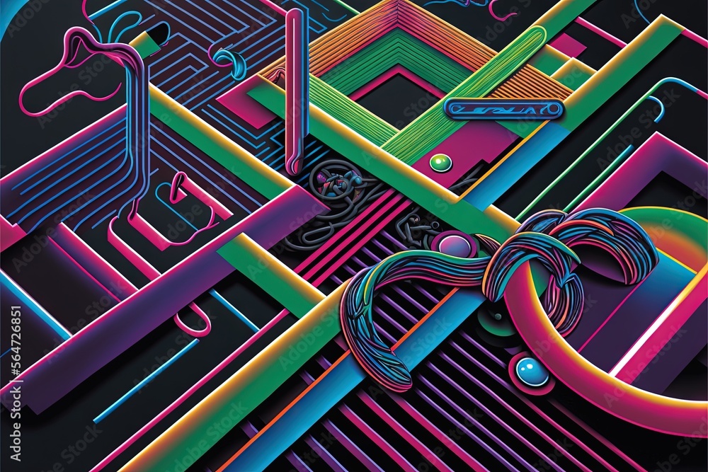 Poster a poster of a maze with a lot of different colored lines and shapes on it's surface, with a black ba