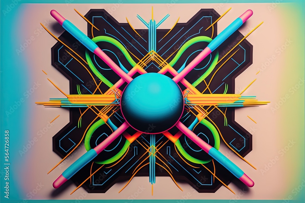 Aufkleber a colorful artwork with a ball and some lines on it and a blue background with a blue circle in the 