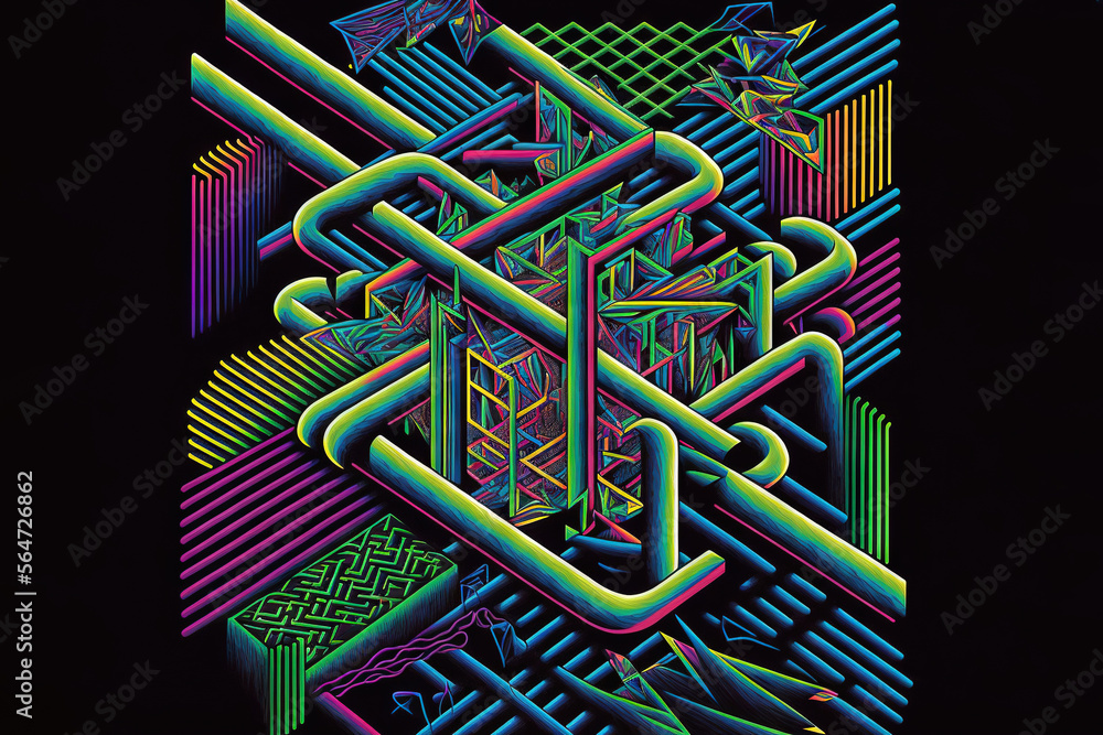 Poster a poster with a lot of lines and shapes on it's back cover, and a black background with a green bord