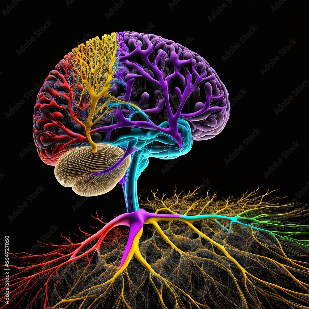 Poster a computer generated image of a human brain with multiple sections of the brain highlighted in brigh