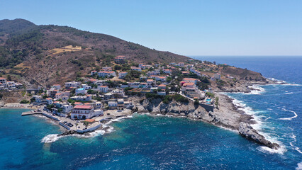 Aerial drone photo of small picturesque seaside village of Armenistis in island of Ikaria, Aegean, Greece