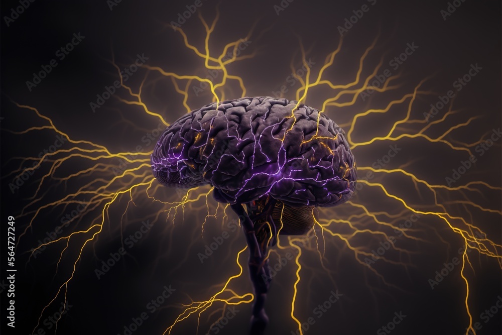 Aufkleber a brain with a lot of electrical wires in it's center and a purple lightening behind it in the middl