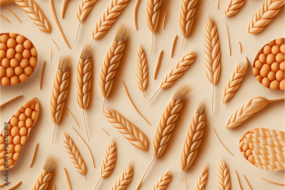 Poster a bunch of wheat on a beige background with a pattern of ears of wheat on the bottom right side of t