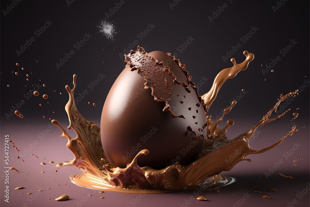 Poster a chocolate egg is splashing into a puddle of chocolate milk and sprinkles on a dark background with