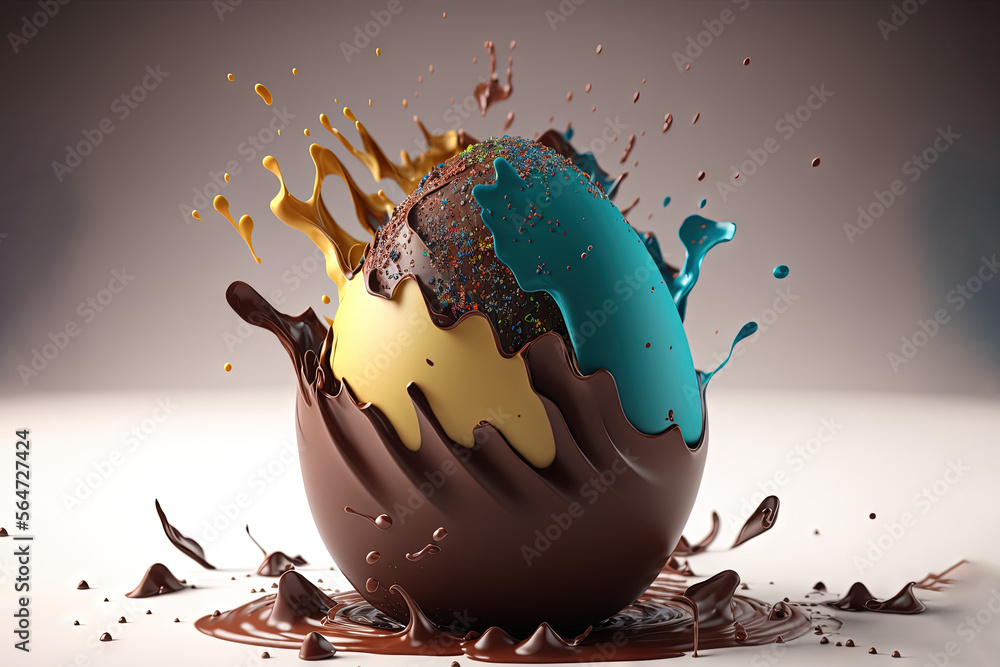 Poster a chocolate egg with a splash of paint on it's side and a blue egg with a brown egg shell on top of 